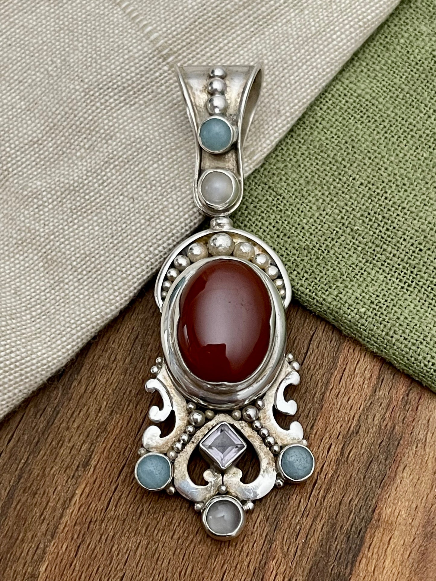 Red Blood Amber and Amethyst Pendant Solid Sterling 925 Silver Vintage Jewelry