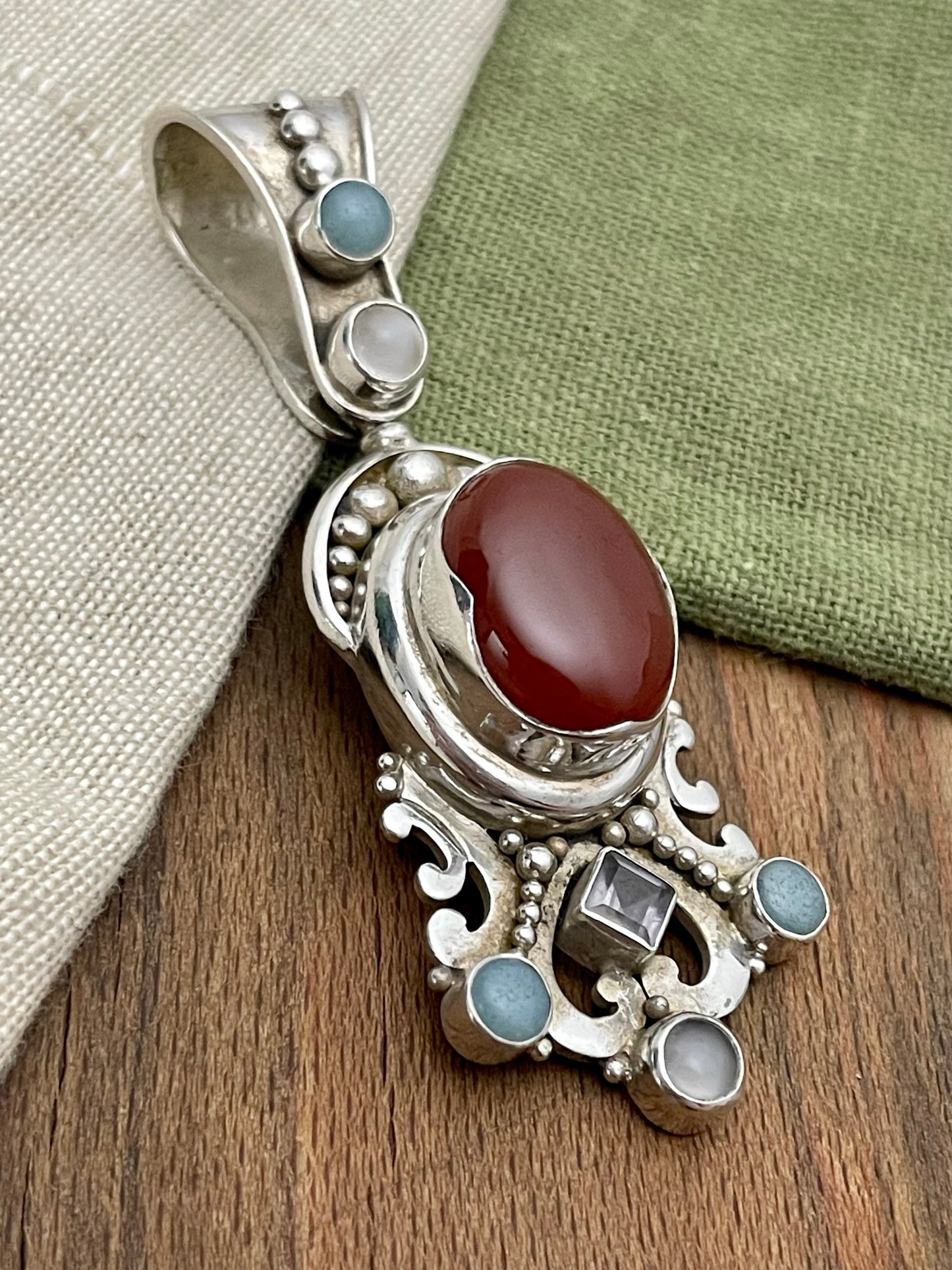 Red Blood Amber and Amethyst Pendant Solid Sterling 925 Silver Vintage Jewelry