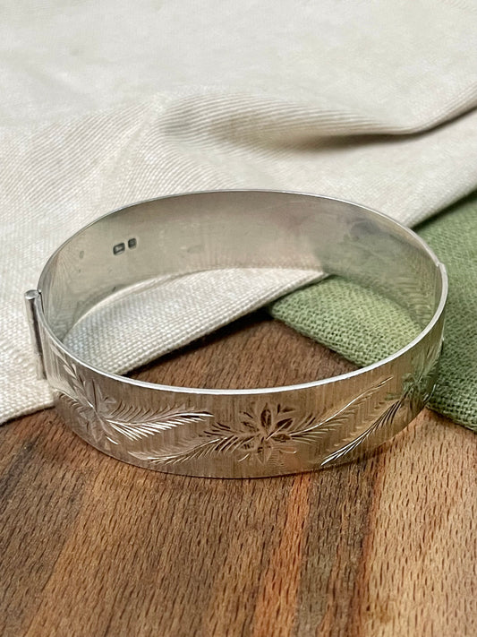 1950s Engraved Bangle Bracelet Sterling 925 Silver Vintage Retro Jewelry