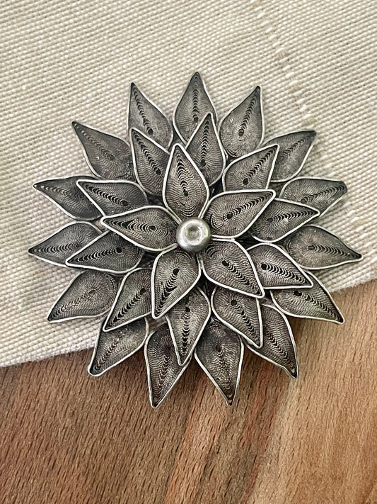 Stunning 925 Silver Mexican Filigree Star Bust Large Flower Brooch Handmade Gift