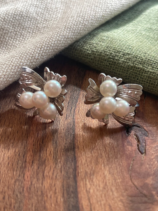 1950s Pearl Screw back Earrings Solid Sterling 925 Silver Vintage Jewelry