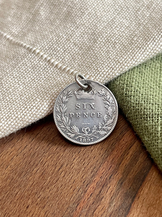 Antique 1897 6 Six Pence Coin Charm Pendent Solid 925 Sterling Silver Jewelry