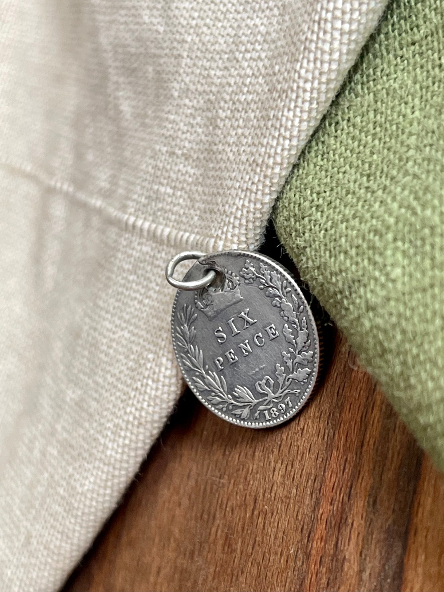 Antique 1897 6 Six Pence Coin Charm Pendent Solid 925 Sterling Silver Jewelry