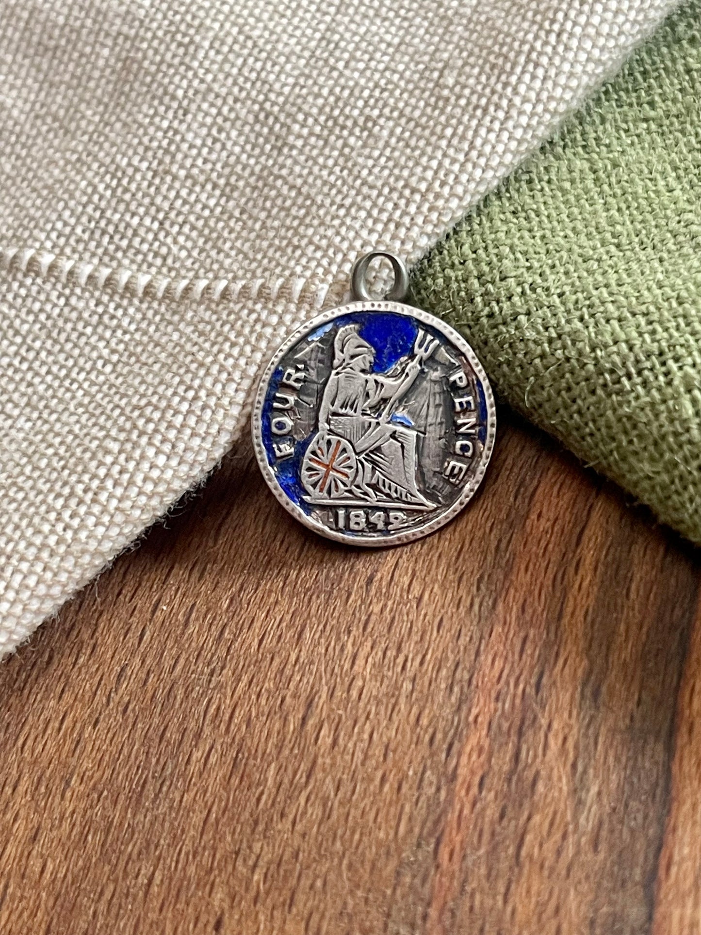 Antique 1849 4 Four Pence Coin Charm Pendent Solid 925 Sterling Silver Jewelry