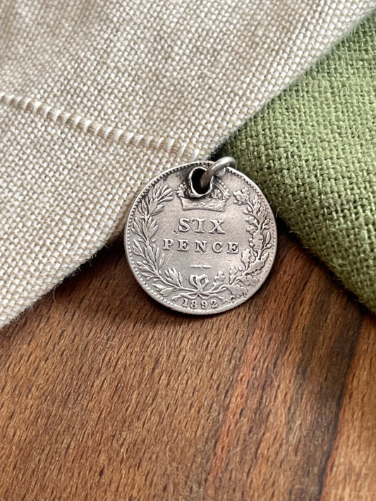 Antique 1892 6 Six Pence Coin Charm Pendent Solid 925 Sterling Silver Jewelry