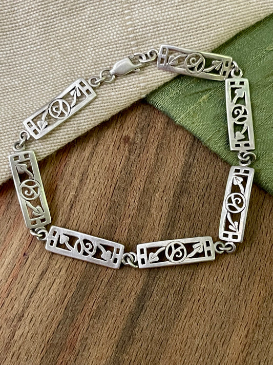 1930s Style Art Nouveau Link Bracelet Solid Sterling 925 Silver Jewelry Vintage