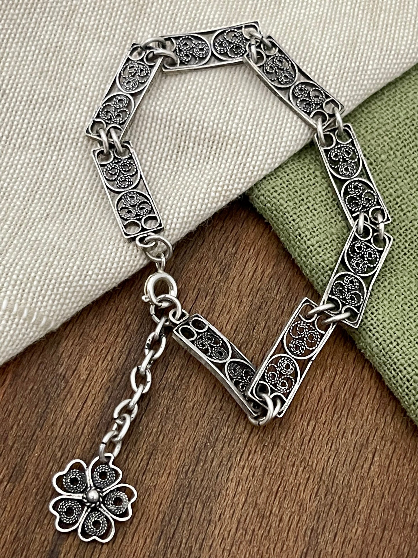 Lovely Indian Filigree Link Solid Sterling 925 Silver Bracelet Vintage Jewelry