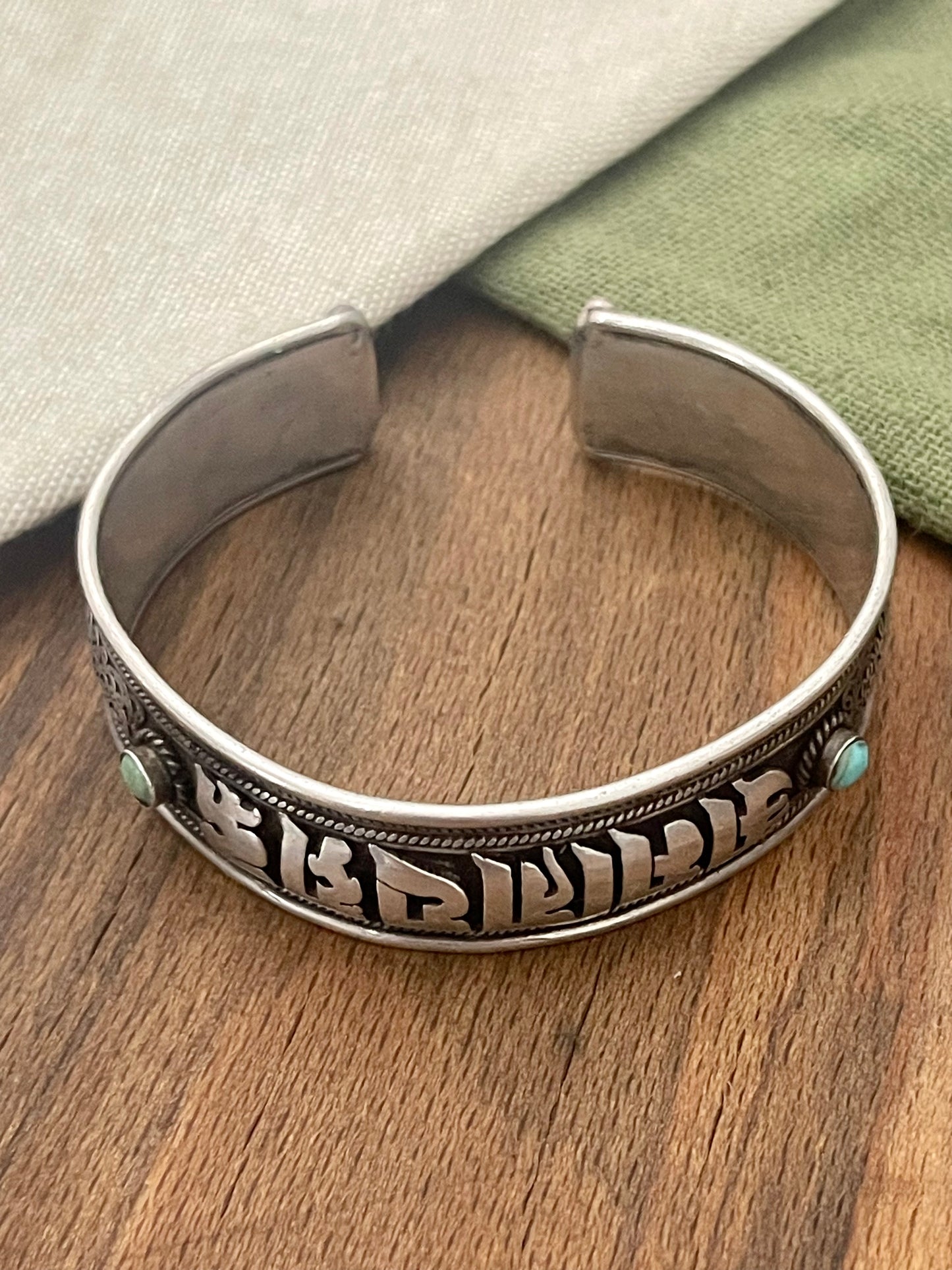 Zen Tibetan Buddhist Mantra Bangle Bracelet Solid Sterling 925 Vintage Silver